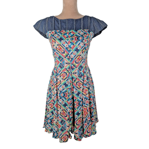Anthropologie Dresses & Skirts - Anthropologie Eva Franco Midi Dress Mixed Media Denim Silk Sz 4 6 Geometric